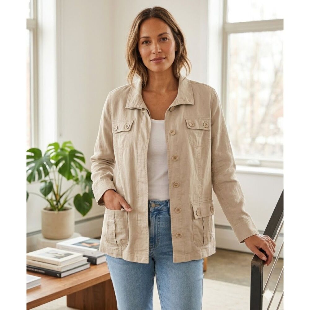 Eddie Bauer Safari Jacket Womens XXL Khaki Linen Blend Utility 4 Pocket Outdoors